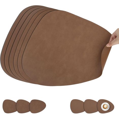 Lot de 6 Sets de Table et Dessous de Verre Ovale en Cuir, Dessous de Table Double Face Lavable Plastique, Set Table Imperméables Antidérapant pour Cuisine et Manger Décor(Marron, 33x42cm) (1/5)