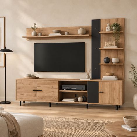 TV-Schrank 187,5 x 40 x 167 cm mit 3 Schränken und offenen Regalen, Holz/Schwarz HAVRYA (1/5)