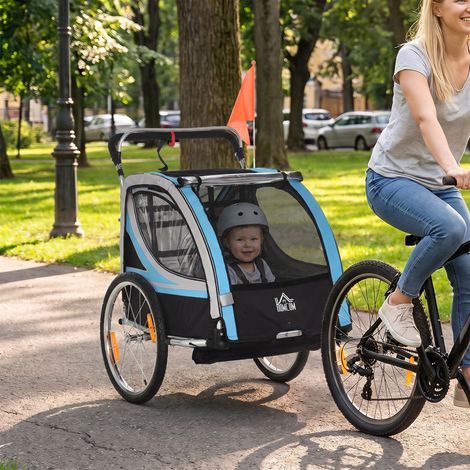 Remorque pour vélos pour enfants et poussette 2-en-1 avec ceinture, sac et fanion, bleu (1/5)