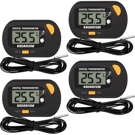 Lot de 4 thermomètres numériques LCD avec ventouse et sonde de câble LCD - Thermomètre à eau d'aquarium - Hygromètre - Terrarium - Pour aquariums à poissons et reptiles - Réfrigérateur - Environnement