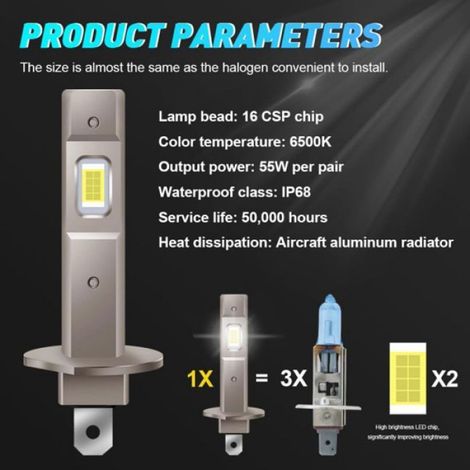Ampoules LED H1 - 6500 K - Blanc Froid - Pour Feux De Croisement Et Antibrouillard - Kit De Conversion Sans Ventilateur - Par 2 (1/4)