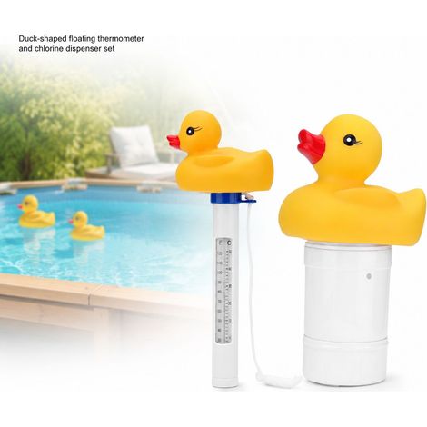 Termometro per acqua + dispenser di cloro a forma di anatra, 2 pezzi, regolabile, in plastica resistente, per piscina, laghetto, divertente decorazione (1/5)