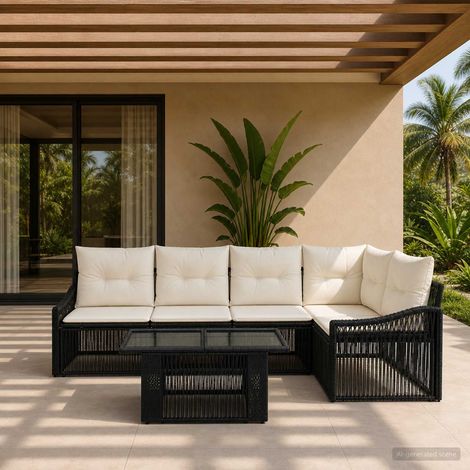 Set Divano da Giardino 6 pz Nero e Bianco Crema polyrattan vidaXL (1/5)