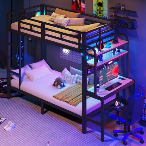 Lit superposé, lit enfant 90 x 200 cm avec bureau, escalier, garde-corps, rangements, LED, ports USB et Type-C, sans matelas, en métal, Noir (1/5)