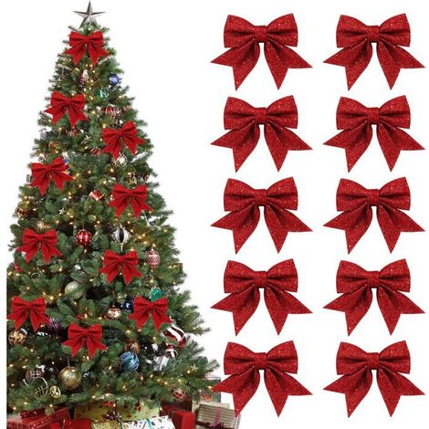Lot de 10 nœuds rouges pailletés Noël – Polyéthylène expansé – Suspendre – Décoration intérieure (1/5)