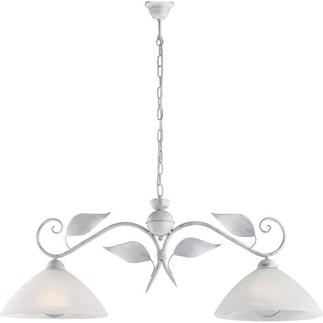 Lustre Esse fer blanc, déco argent antique, verre albâtre d.30, 2 lumières 96x30 cm, parfait pour couloirs élégants