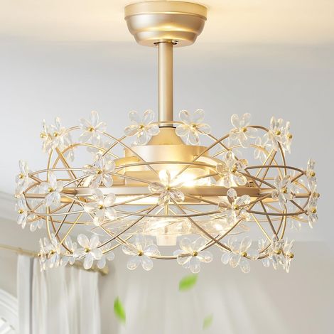 50cm Gold Crystal Ceiling Fan with Light, Flower Caged Fandelier, Remote Control, 6 Speeds for Bedroom & Nursery, Gold, Bulbs Not Included (1/5)