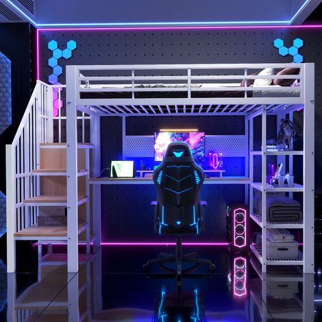 Lit mezzanine en métal forgé 90x200 cm, espace bureau avec panneau perforé, prises UE et éclairage LED, étagères multiples, garde-corps surélevé, blanc (1/5)