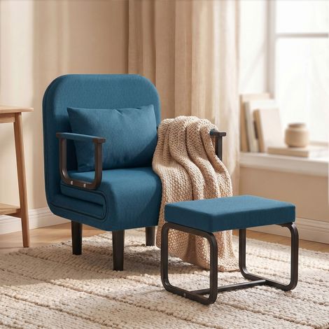 Fabulcozy Canapé convertible 4 en 1 en lin avec repose-pieds et accoudoirs métal pour salon– 184x60 cm, bleu