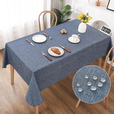 Nappe lavable aspect lin 140x240cm hydrofuge résistante aux rayures bleu