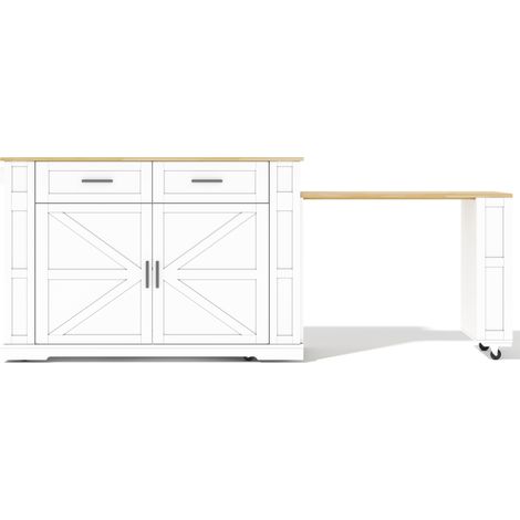 Îlot de cuisine mobile avec plan de travail extensible, 2 tiroirs, armoire double porte, prise intégrée et 7 roulettes, MDF blanc et décor chêne, 130x50x93 cm (1/5)