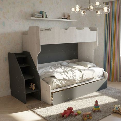 Letto a castello 3 posti con terzo letto estraibile e scaletta contenitore - Una piazza e mezza - Rovere rock