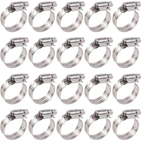 Ensemble de 20 colliers de serrage pour tuyaux d'arrosage, tuyaux d'évacuation ou flexibles de douche, en acier inoxydable argenté, diamètres de 10 à 16 mm. (1/5)