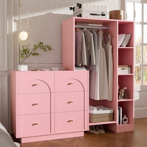 Armoire ouverte 139x35x133 cm en panneau de particules et métal, rose, rangement, pour chambre (1/5)