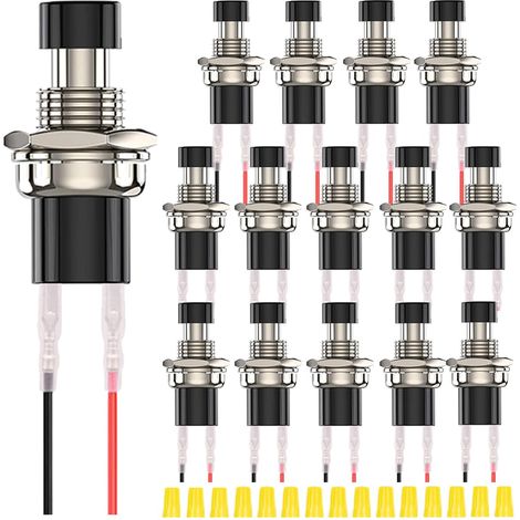 15pcs 7mm noir Mini bouton-poussoir rond interrupteurs 1A 250V AC 2 broches SPST ON OFF bouton-poussoir momentané avec fils de borne verrouillés et bouchon de câblage pour voiture, bateau