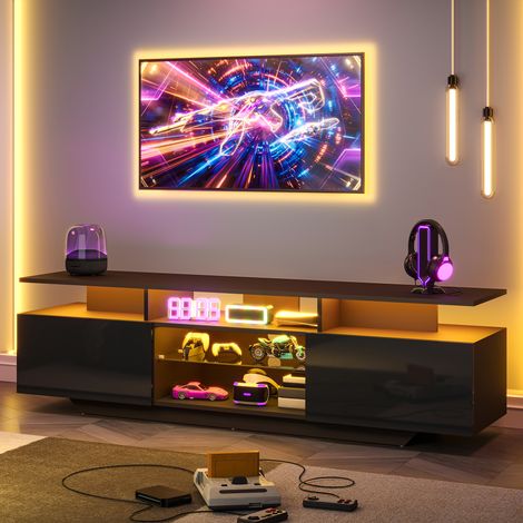 Modernluxe - Meuble TV 160 x 40 x 45 cm - Éclairage LED - 2 portes et 8 étagères - Finition brillante - MDF + Verre - Noir (1/5)