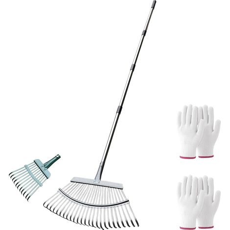 Râteau de jardin à 25 + 11 dents avec manche en métal, manche réglable (70-185 cm), râteau à feuilles de jardin pour desserrer le sol et niveler la pelouse, râteau à foin, avec 2 gants (1/5)