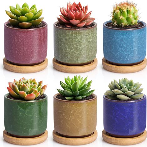 Pot De Fleur Interieur en Céramique , Pot De Fleur Décoratif Effet Glace, Lot De 6 Couleurs avec Soucoupes, Cache Pot Plante Interieur (sans Plantes)