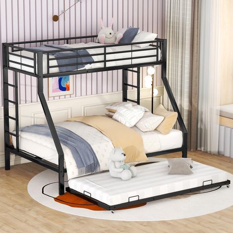 Letto a castello 90x200 cm/140x200 cm/90x190 cm, con 2 scale, sommier a doghe in metallo, letto a 3 posti, letto per bambini - Nero