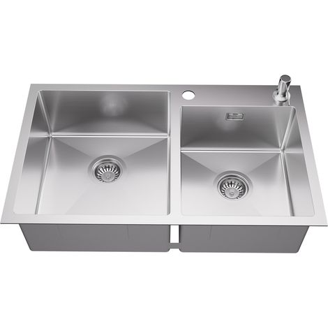 Auralum Évier Cuisine 2 Bacs 75x45x19CM Évier à Encastrer en Inox avec Distributeur de savon et Ensemble de Drainage, Évier Cuisine pour meuble de 80cm