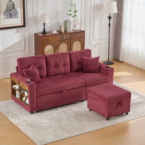 Divano letto 196 cm in corduroy bordeaux con contenitore, USB-C, LED e portabicchieri (1/5)