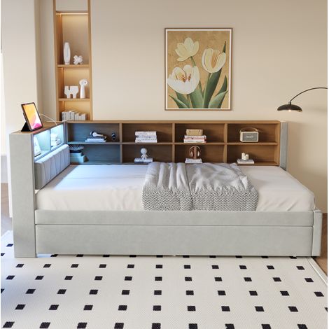 Letto multifunzione imbottito 90x200 cm con letto estraibile 90x190, LED, porte USB/Type-C/presa, vani contenitore, grigio chiaro (1/5)