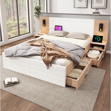 DESVIAE Lit double avec tête de lit éclairage de lecture USB rangement 180 x 200 cm blanc chêne clair avec 2 tiroirs 2 tables de chevet sommier à lattes bois MDF (1/5)