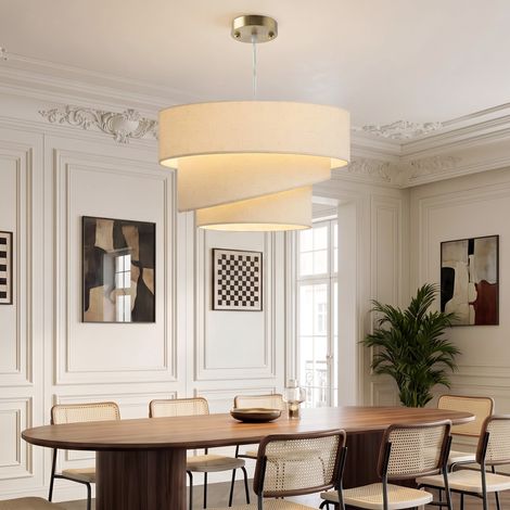 Suspension 3 Abat-Jour Effet Lin, E14 40W, Câble Réglable, Rosace Dorée, Beige (1/5)
