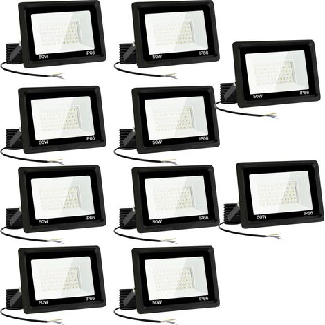 Lot de 10 projecteurs LED extérieur 50 W 5000 LM IP66 étanche Projecteur LED 3500 K Blanc froid pour maison, garage, patio, terrasse, jardin (10 pièces)