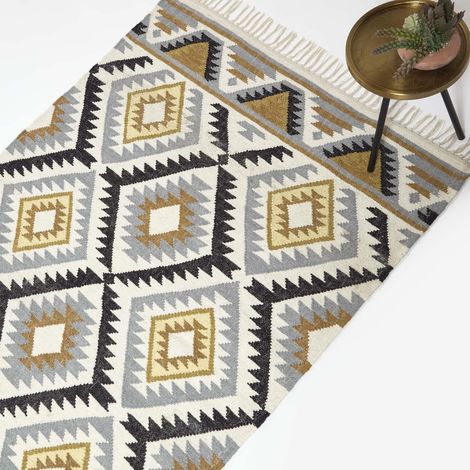HOMESCAPES Kelim-Teppich Agra 120x170 cm – Handwebteppich aus Wolle & Baumwolle