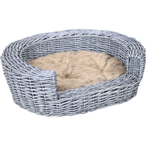 PawHut Wicker Pet Bed Willow Dog Cat Sofa Couch Puppy Basket with Cushion Grey 57L x 46W x 17.5H cm