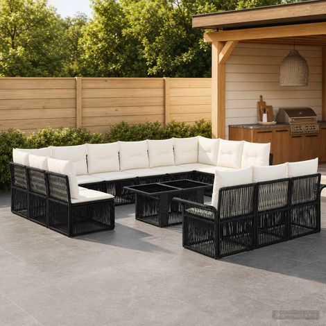 vidaXL Set Divano da Giardino 14 pz Nero e Bianco Crema polyrattan (1/5)