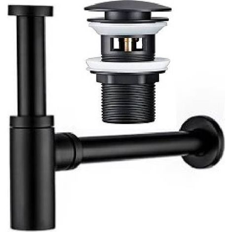 Ensemble bonde de lavabo et siphon à bouteille, noir mat, désodorisant, pour lavabos de salle de bain, avec trop-plein, bonde rétractable, (1/5)