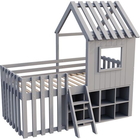 Kinder-Hausbett 90 x 200 cm grau mit Dach, Fenster, Leiter und offenem Stauraum (1/5)