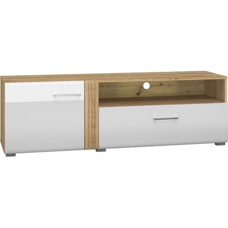 TV Lowboard 150 cm in Eiche Castello Nb. mit weiß Hochglanz AKRON-131 MDF Front mit edler Fräsung, B/H/T: ca. 150/47/42 cm (1/5)