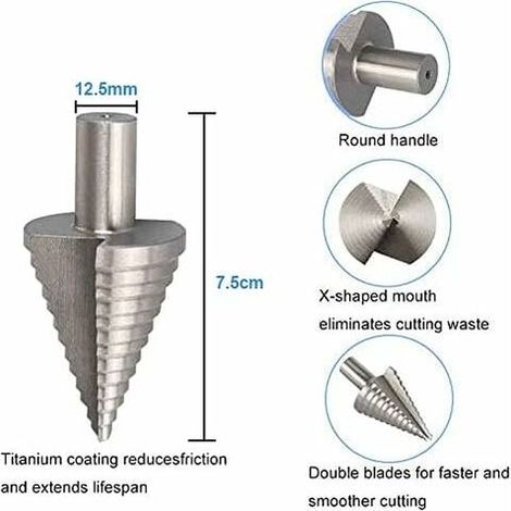 Foret Fraise Meche Etage HSS, Foret Étagé Fraise Conique à Double Fente (5mm-35mm) avec Revêtement Titane, Solide, Parfait Pour Visseuse Percage sur Acier Bois, Plastique, Laiton, Aluminium, PVC (1/4)