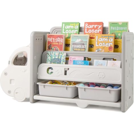 GOPLUS Meuble Rangement Enfant en Forme de Voiture, Bibliothèque pour Enfant en HDPE, avec 2 Boîtes Amovibles et Étagère, Étagère de Livres Jouets pour Chambre d'enfant, Salon et Crèches (1/5)