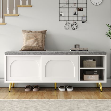 Banc à chaussures, étagère à chaussures avec siège, banc avec coussin d'assise, meuble à chaussures avec espace de rangement, banc-penderie, blanc, dimensions : L 121 × P 35 × H 49 cm (1/5)