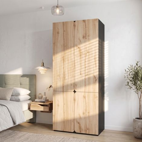 MODFU – Armadio 90x50x200 cm in MDF/truciolato con 4 ante, appendiabiti, 3 cassetti e carico 30/20 kg – Rovere (1/5)