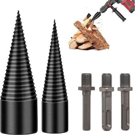 Foret de Fendage de Bois Avec 3 Poignées(Hex+Square+Round), Fendeur de Bois Conique 32mm+42mm, Fendeuse de Bûches, Foret Fendeur de Bois ou de bûches Vis Cône pour Perceuse, Fendeuse Bois Cône (1/5)