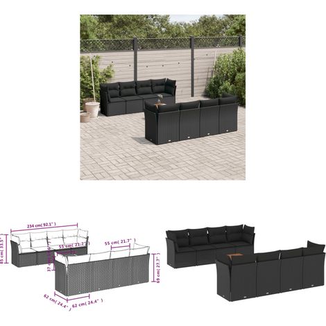 9-tlg. Garten-Sofagarnitur mit Kissen Schwarz Poly Rattan - Gartensortiment - Outdoor Möbel - Lounge Set - Gartenlounge - Esstischset - Home & Living (1/3)