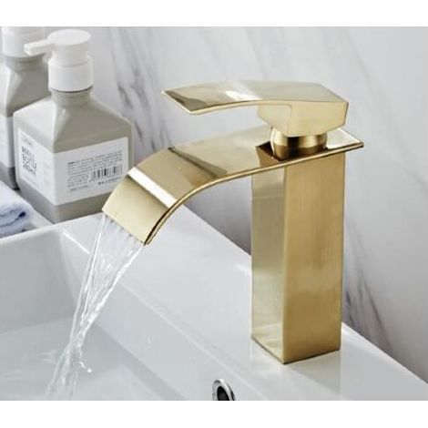 Mélangeur de lavabo Robinet Mono-trou Mitigeur sur Lavabo Robinetterie Lave-mains avec Levier Unique en Cuivre Mélangeur à l'Eau Chaude et Froide- Or - RWMélangeur de lavabo (1/5)