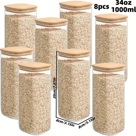 (1004 ml - 8 pièces) Bocaux carrés en verre hermétiques, rangement et organisation de la cuisine, bocaux de conservation avec couvercles en bambou (1/3)
