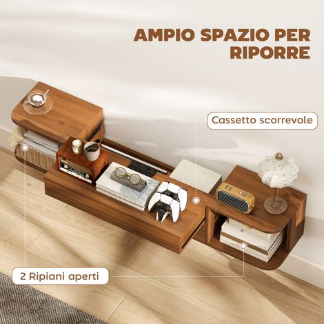 Mobile Porta TV fino 50" Sospeso con Prese di Corrente, USB e Tipo C, Cassetto e Ripiani, 120x24x22.4 cm, Noce (1/5)