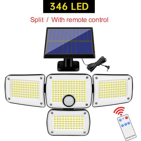 (346 LED séparées) Lampe solaire d'extérieur, applique murale LED 182/112 avec têtes orientables, projecteur LED de sécurité étanche IP65 avec 3 modes de fonctionnement (1/5)