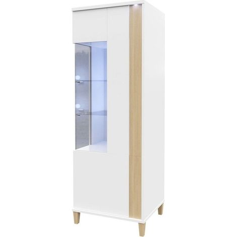 Estantería Florem III, Blanco + Blanco brillante + Luminoso madera, Cerrable, Con puertas, Aglomerado laminado, Vidrio, Número de puertas: 2, Número de cajones: 0, 160x52x40cm, LED (1/3)