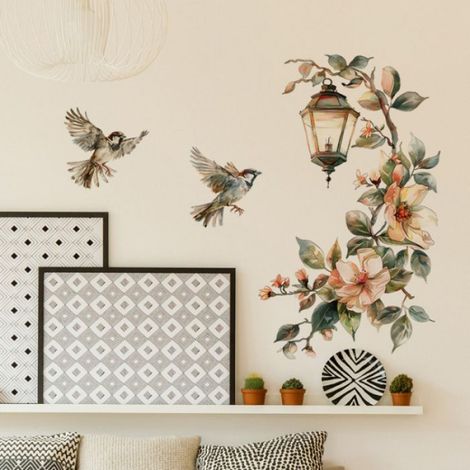 Sticker Mural - PVC Auto-Adhésif - Pour Salon Chambre Bureau - Décoration Murale Fleurs Oiseau - 1 Pièce (1/5)