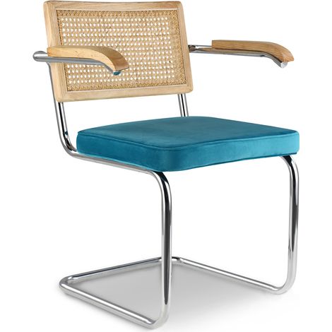 Esszimmerstuhl mit Armlehnen - Samtpolsterung - Holz & Rattan - Martha Turquoise