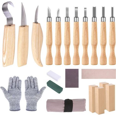 21-teiliges Schnitzwerkzeug-Set mit schnittfesten Handschuhen, Schnitzmesser für Bildhauer, Holzbearbeiter, Hobbykünstler und Erwachsene (1/5)