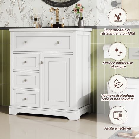 Meuble de salle de bains sur pied avec lavabo 76x46x87cm, meuble sous-vasque, finition laquée résistante à l’humidité, coulisses de tiroirs silencieuses, cadre de porte, tiroir abattant, lavabo en cér (1/5)